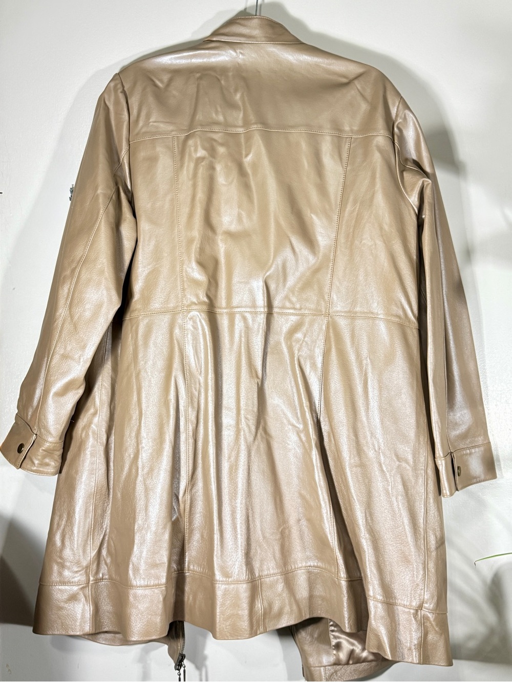 Women’s Taupe Leather Like Zip-Front Coat with Zipper Pockets - Picture 3 of 12
